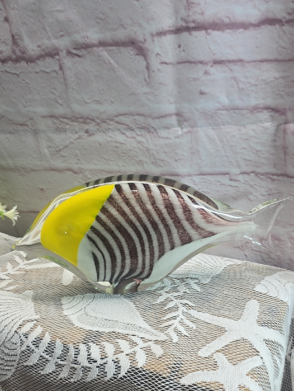 Large Hand Blown Art Glass Tropical Fish Figurine Yellow Black Stripe 11"